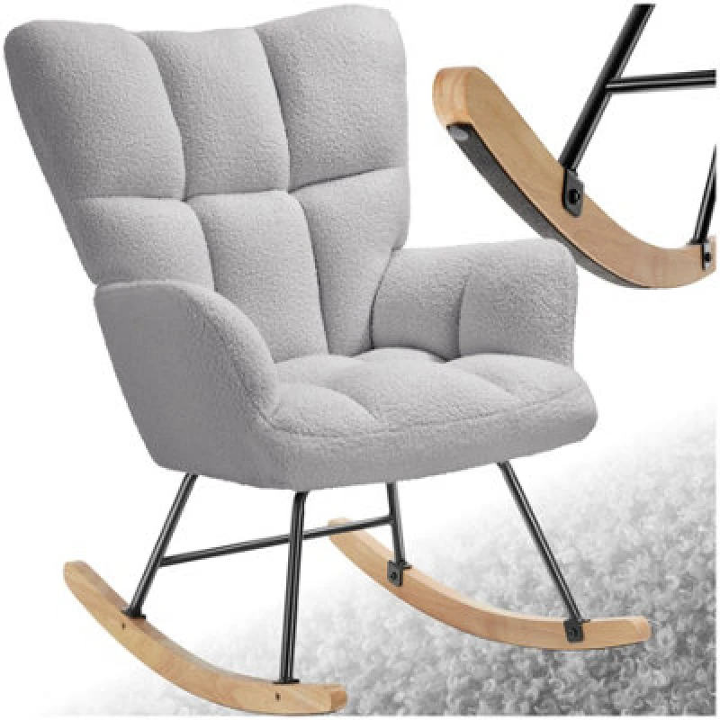 Image of Tectake 1 Rocking Chair Torve With Plush Padding, Quilted Pattern And Wooden Runners - Light Grey Boucle