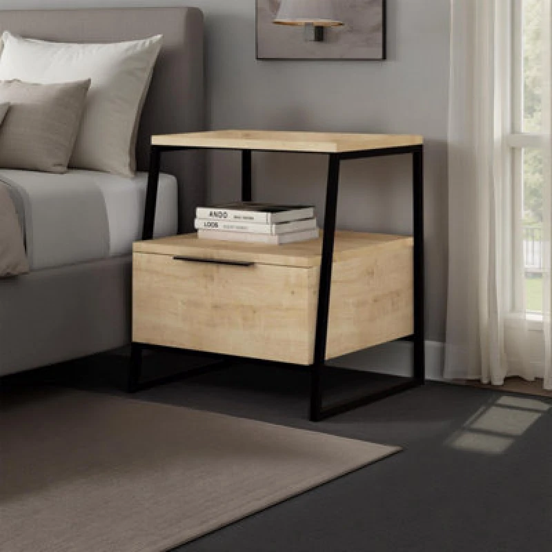 Image of FWStyle FWStyle Oak 1 Door Bedside Table Nightstand Black Metal in Brown Brown One Size Unisex 5056413133267