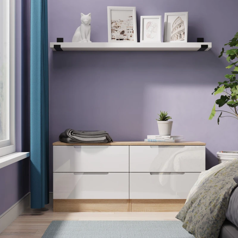 Image of Welcome Furniture Ready Assembled Milan 4 Drawer Bed Box In White Gloss & Bardolino Oak, White MIL036WGBO