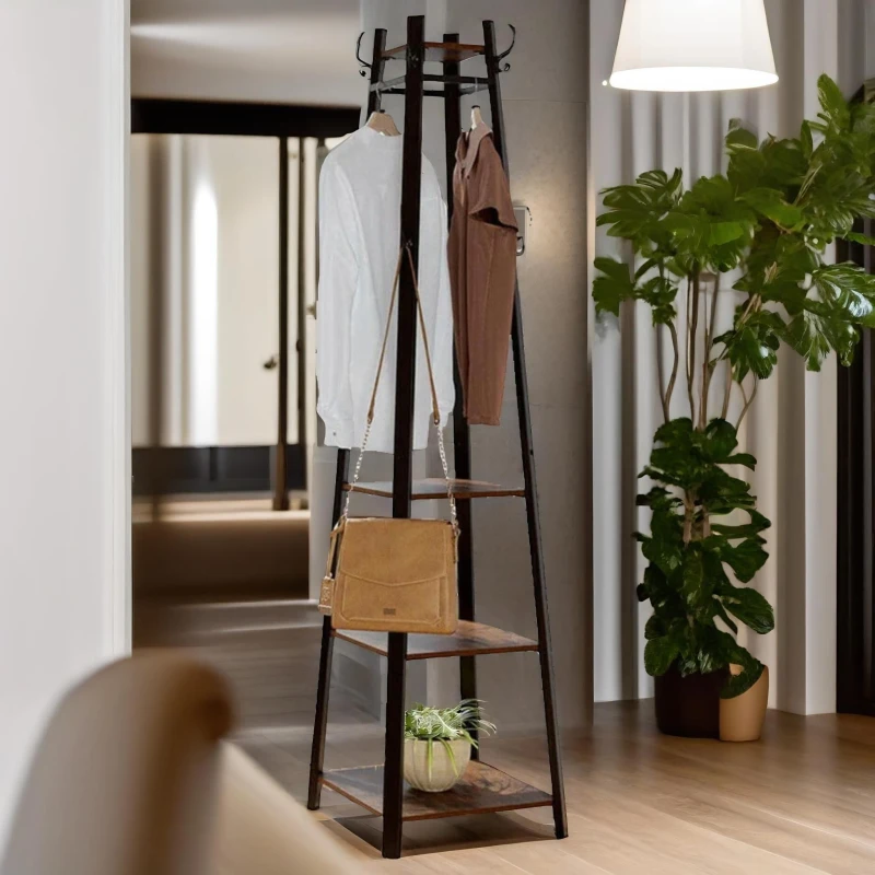 Image of Rafaelo Mobilia Industrial Coat Stand With 2 Shelves in Dark Brown Dark Brown Unisex