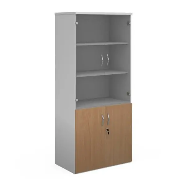 Image of Duo Duo combination unit with glass upper doors 1790mm high with 4 shelves - white with grey oak lower doors R1790COMD-WHGO