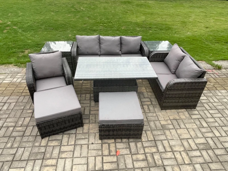 Image of Fimous 8 Seater Outdoor Rattan Garden Furniture Set Height Adjustable Rising lifting Dining Table Love Sofa Chair With 2 Side Tables Big Footstool Dar