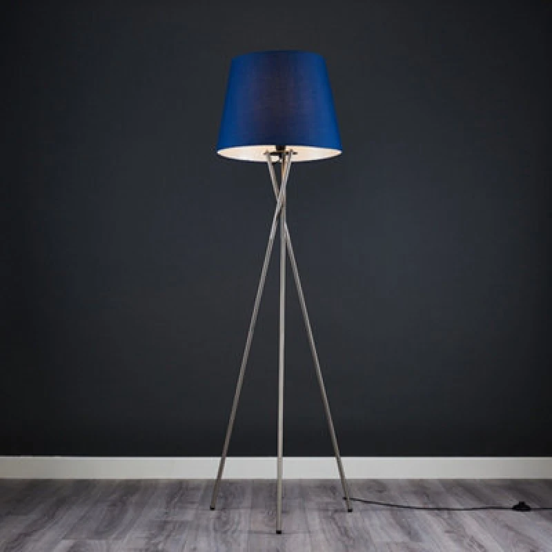 Image of ValueLights ValueLights Camden Brushed Chrome Tripod Floor Lamp with Tapered Shade and Bulb in Navy Navy One Size Unisex 5055759992996