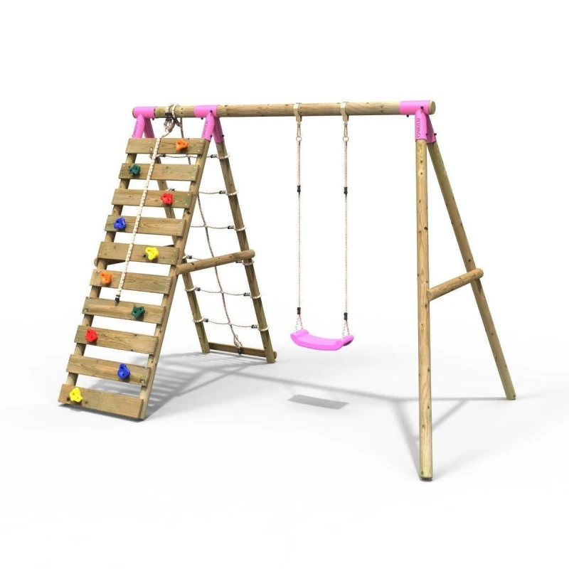 Image of Rebo Wooden Single Swing Set with Up and Over Climbing Wall - Aria Pink Pink