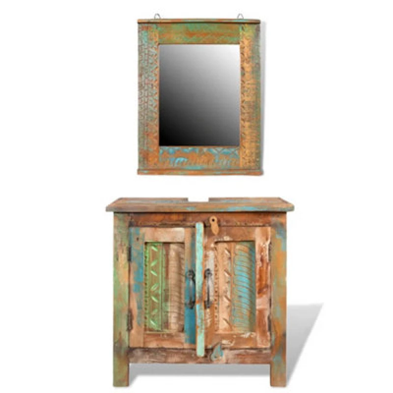 Image of Reclaimed Solid Wood Bathroom Vanity Cabinet Unit Set with Mirror Storage