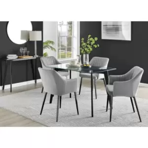 Image of Furniturebox Malmo Rectangular Glass and Black Wooden Leg Modern Industrial Dining Table & 4 Grey Calla Black Leg Velvet Chairs