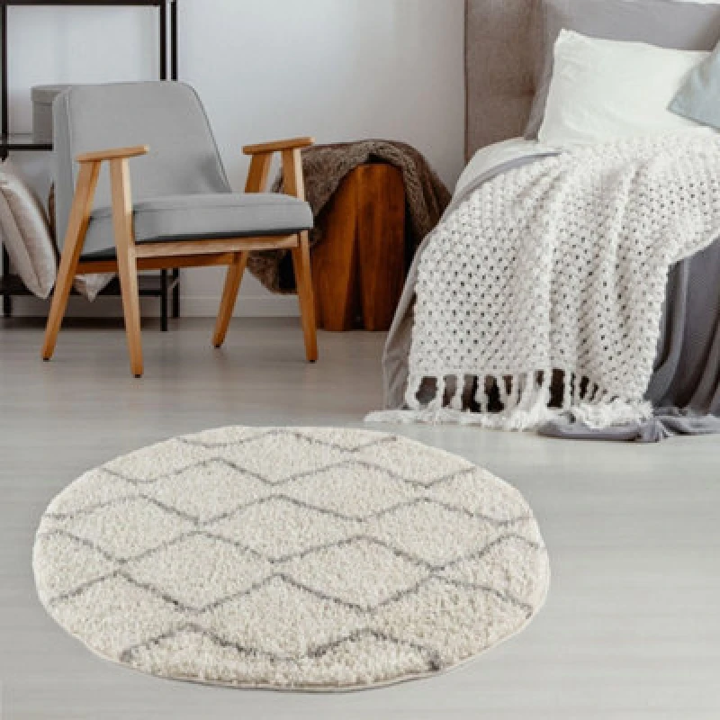 Image of THE RUGS Moroccan Soft Shaggy Rugs & Runners Ivory & Grey Living Room Size: 120cm diameter Grey Unisex 120cm diameter