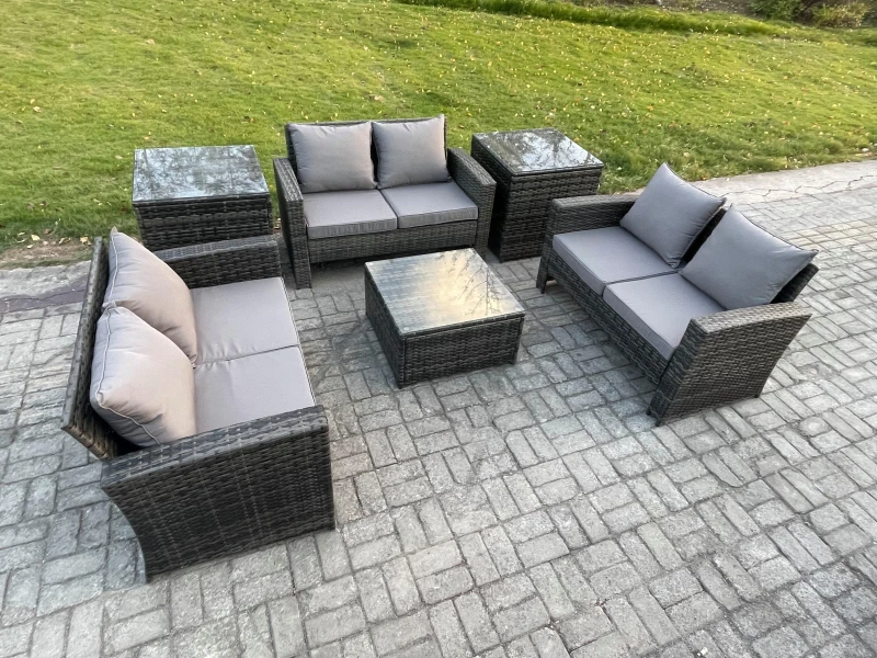 Image of Fimous 6 PCS Outdoor Lounge Sofa Set Wicker PE Rattan Garden Furniture Set with Square Coffee Table Double Seat Sofa 2 Side Tables in Dark Grey Dark G