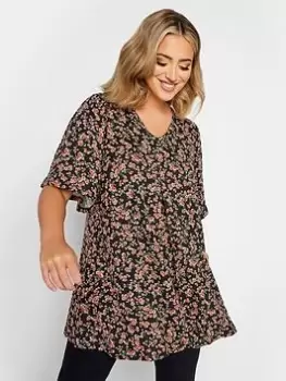 Image of Yours Pleat Swing Angel Sleeve Top Rust Ditsy Floral, Black, Size 20, Women