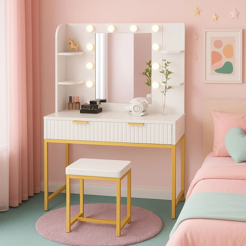 Image of KOSY KOALA KOSY KOALA Dressing Table Set with Bulb Lights Mirror, Side Shelves and Stool in White White One Size Unisex 5061055343271