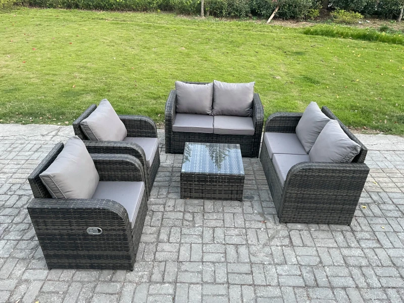 Image of Fimous 6 Seater Rattan Sofa Set Outdoor Garden Furniture Set with Square Coffee Table Loveseat Sofa Reclining Chairs Dark Grey Mixed Dark Grey