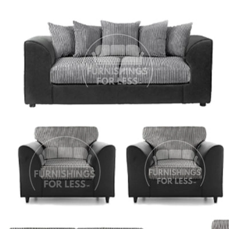 Image of Furnishings For Less UK Luxor Jumbo Cord 3 + 1 + 1 Fabric 3 Piece Sofa Suite - Scatter Back Black And Grey