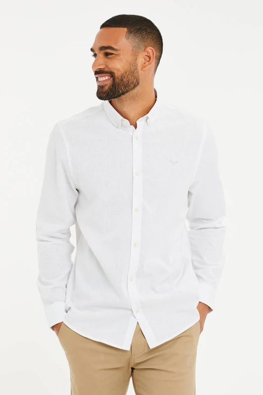Image of Threadbare Slim Fit Linen Blend Long Sleeve Shirt - White White 2XL