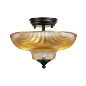 Image of Luminosa Talisa 2 Light Semi Flush Ceiling Lamp E27 With Round 30cm Glass Shade Matt Black, Amber