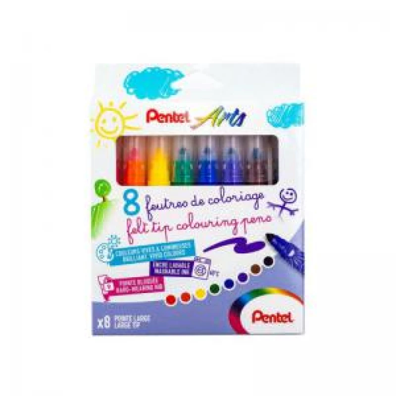 Image of Pentel Pentel Arts Ultra Washable Felt Tip Colouring Pens Broad Assorted (Pack 8) - SCS3E-8 SCS3E-8