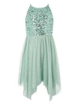 Image of Monsoon Girls Truth Sage Sequin Hanky Hem Dress - Green, Size 9 Years, Women
