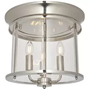Image of Bright Nickel Semi Flush Low Ceiling Light & Clear Glass Shade 3 Bulb Fitting