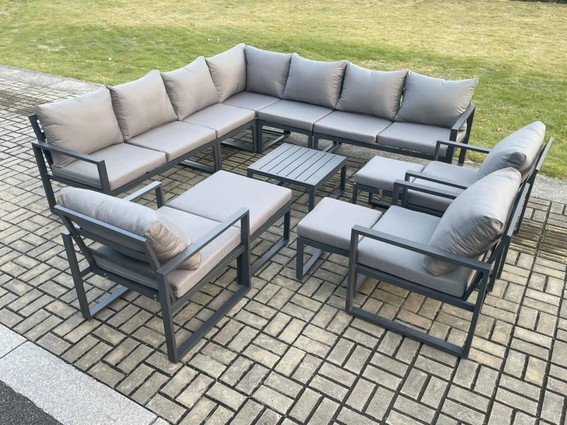 Image of Fimous 13 Seater Outdoor Garden Furniture Set Aluminium Lounge Corner Sofa Square Coffee Table 3 Pcs Chair Sets with 3 Footstools in Dark Grey Dark Gr