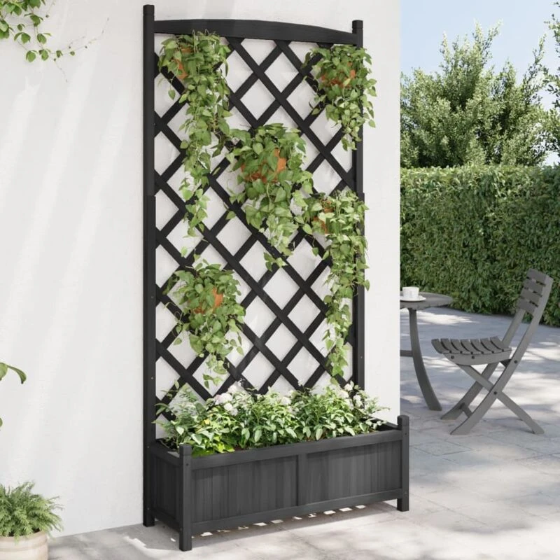 Image of vidaXL Planter w/Trellis Black Solid Wood Fir, Black 365493