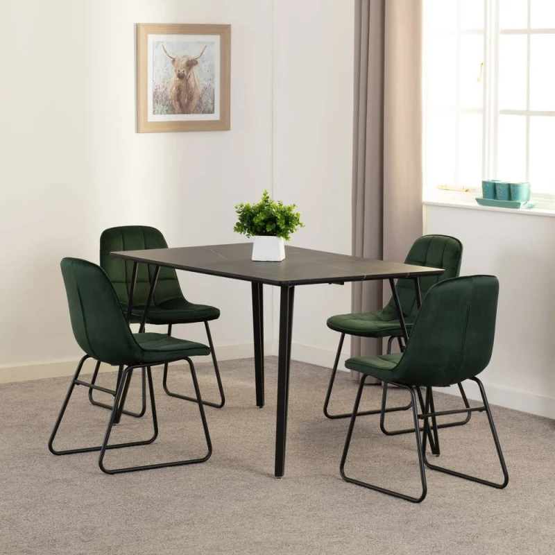 Image of Seconique Marlow & LUKas Dining Set (x4 Chairs) - Black Marble/Emerald Green Velvet, Black 400-401-341