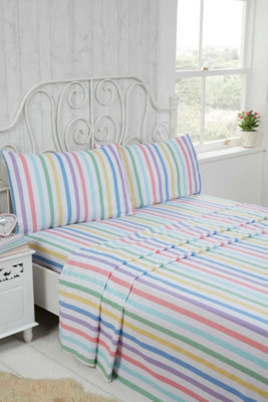 Image of RAPPORT HOME Candy Stripe 100% Brushed Cotton Pastel Duvet Cover Set Bedding Double - Multi 5027491582759