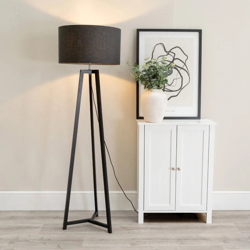 Image of ValueLights Lottie Black Wood Tripod Floor Lamp with Fabric Drum Shade Charcoal