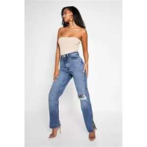 Image of I Saw It First Mid Wash Ripped Knee Split Hem Jeans - Blue