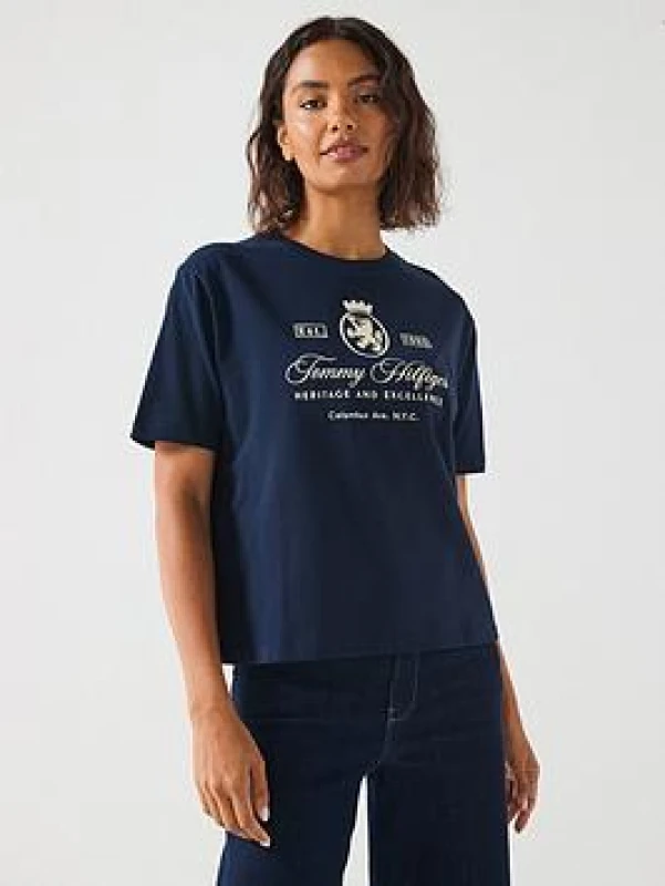 Image of Tommy Hilfiger Short Sleeve T-Shirt with Embroidered Coat of Arms Navy Women XS;S;M;L;XL