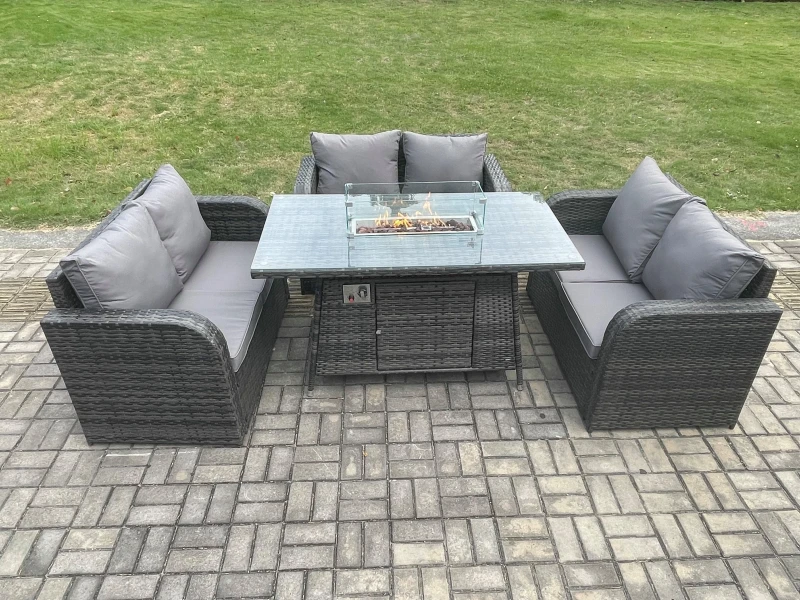 Image of Fimous Rattan Outdoor Garden Furniture Sofa Set Gas Fire Pit Dining Table Gas Heater with Love Sofa Dark Grey Mixed Dark Grey