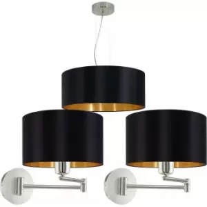 Image of Ceiling Pendant Light & 2x Matching Wall Lights Black Gold Fabric Feature Lamp