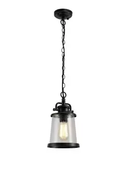 Image of Ceiling Pendant Lantern, 1 x E27, Black, Gold With Seeded Clear Glass, IP54