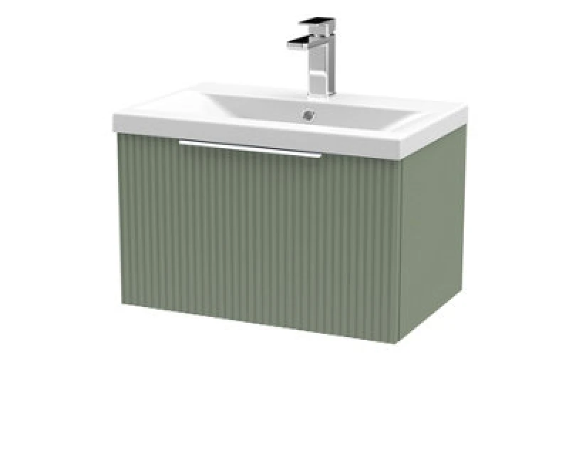 Image of Hudson Reed Fluted Wall Hung 1-Drawer Vanity And Mid-Edge Basin, Contemporary Sink Vanity Unit, Satin Green