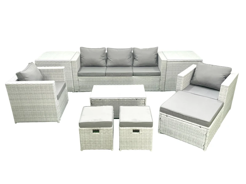 Image of Fimous Rattan Garden Outdoor Furniture Sofa Set with Rectangular Coffee Table 2 Chairs 3 Footstools 2 Side Tables Light Grey Mixed Light Grey