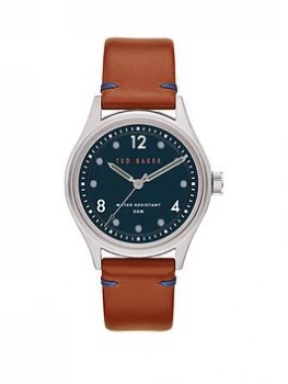 Image of Ted Baker Blue and Grey Detail Dial Brown Leather Strap Watch, One Colour, Men