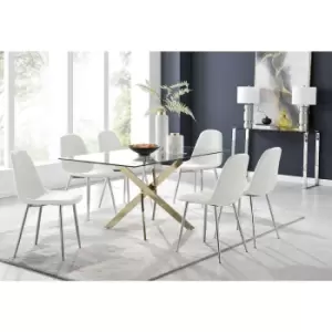 Image of Furniturebox Leonardo 150cm Modern Glass And Gold Metal Dining Leg Table And 6 White Corona Faux Leather Dining Chairs with Silver Legs Diamond Stitch