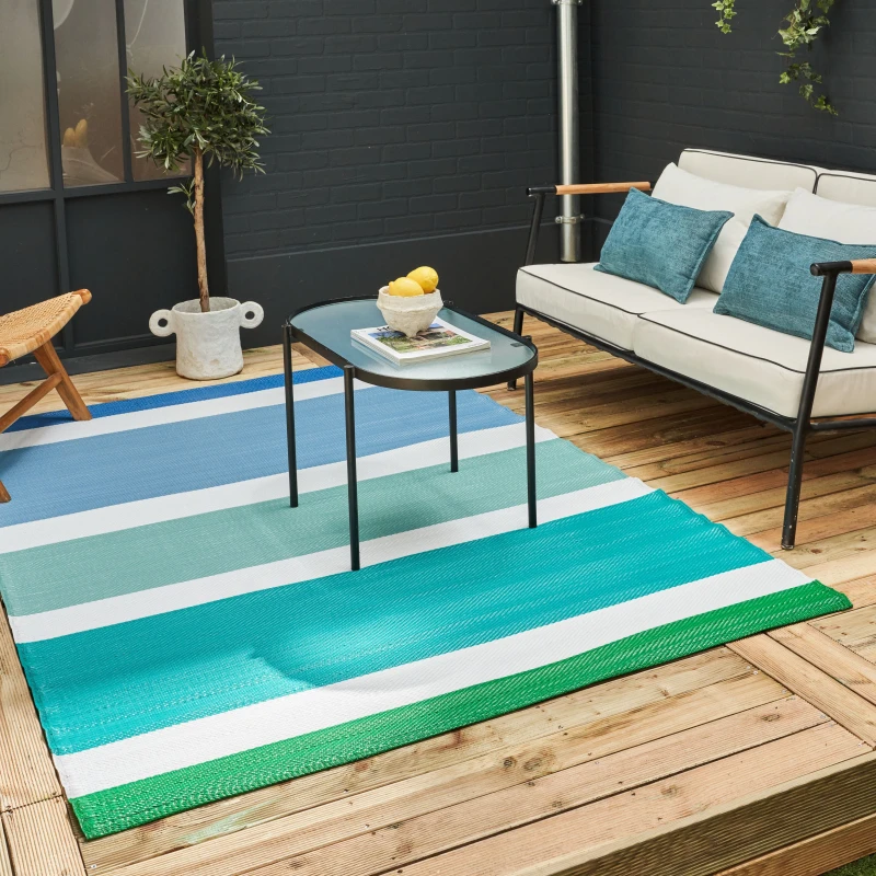 Image of THE RUGS Waterproof Plastic Outdoor Rugs for Garden Patio Balcony Camping - Striped - Rainbow 1030 Blue Size: 180cm x 270cm Blue Unisex 180cm x 2