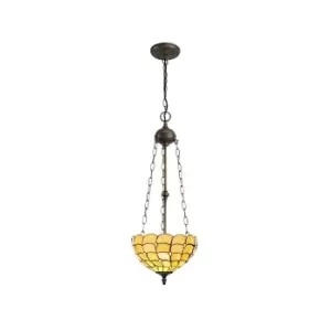 Image of 3 Light Uplighter Ceiling Pendant E27 With 30cm Tiffany Shade, Beige, Clear Crystal, Aged Antique Brass