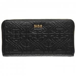 Image of Biba Slip Pocket Emboss Zip Around Leather Purse Black