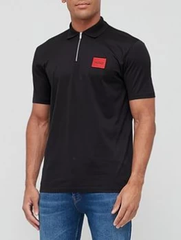 Image of Hugo Boss Deresom Red Patch Logo Zip Polo Shirt Black Size L Men