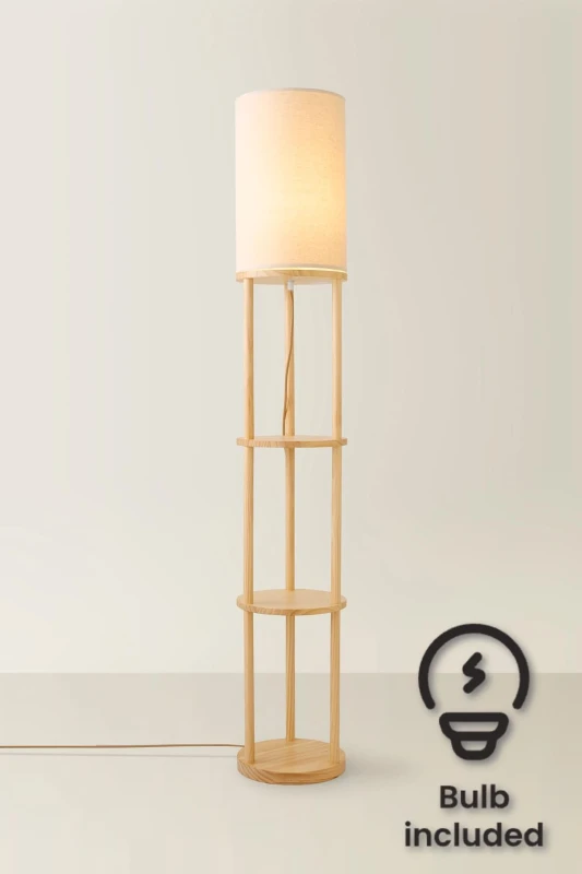 Image of ValueLights Elsa Natural Wooden 3 Tier Floor Lamp with Fabric Shade and LED Bulb Natural