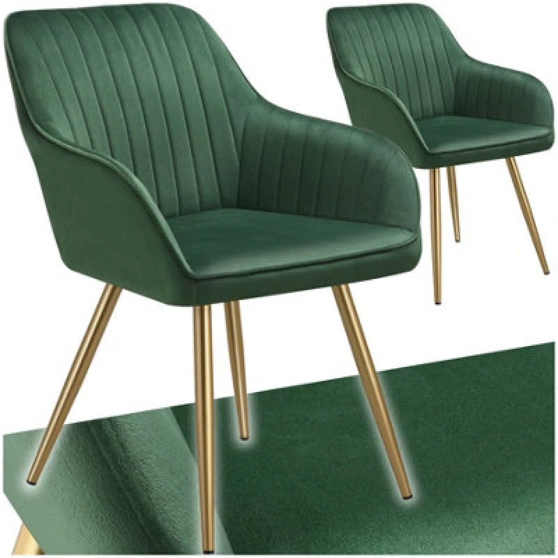 Image of Tectake Set Of 2 Dining Chair Marilyn - Quilted Velvet, Continuous Backrest, Gold Steel Legs - Dark Green/gold