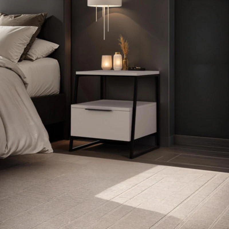 Image of FWStyle FWStyle Grey 1 Drawer Bedside Table Nightstand Black Metal Grey One Size Unisex 5056413133175