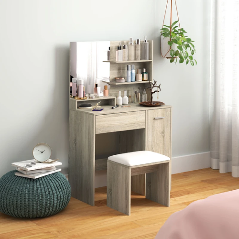 Image of HOMCOM HOMCOM Vanity Table with Mirror and Cushioned Stool Modern Dressing Table with Storage in Natural Natural One Size Unisex 5063603030466