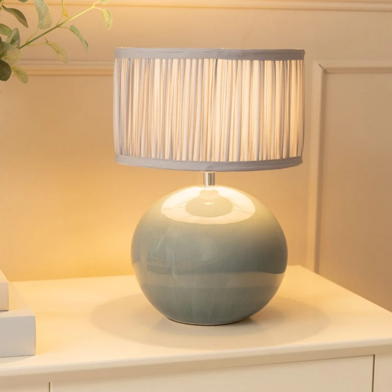 Image of ValueLights Bosco Eucalyptus Ceramic Table Lamp with Ruched Pleated Lamp Shade and LED Bulb Baby Blue