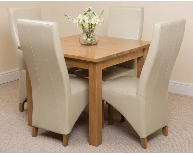 Image of Thats Furniture Oslo 90 x 90cm Oak Small Dining Table & 4 Lola Leather Chairs in Cream Cream Unisex 90 x 90 cm