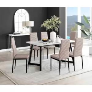 Image of Furniture Box Carson White Marble Effect Dining Table and 6 Cappuccino Milan Black Leg Chairs