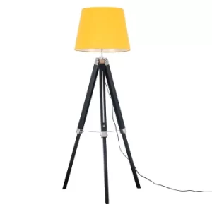 Image of Clipper Black and Chrome Tripod Floor Lamp with Mustard Aspen Shade