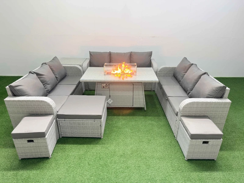 Image of Fimous PE Rattan Lounge Sofa Set 12 Seater Outdoor Garden Furniture Set with Firepit Dining Table 3 Seater Sofa 3 Stools Side Table Light Grey Light G