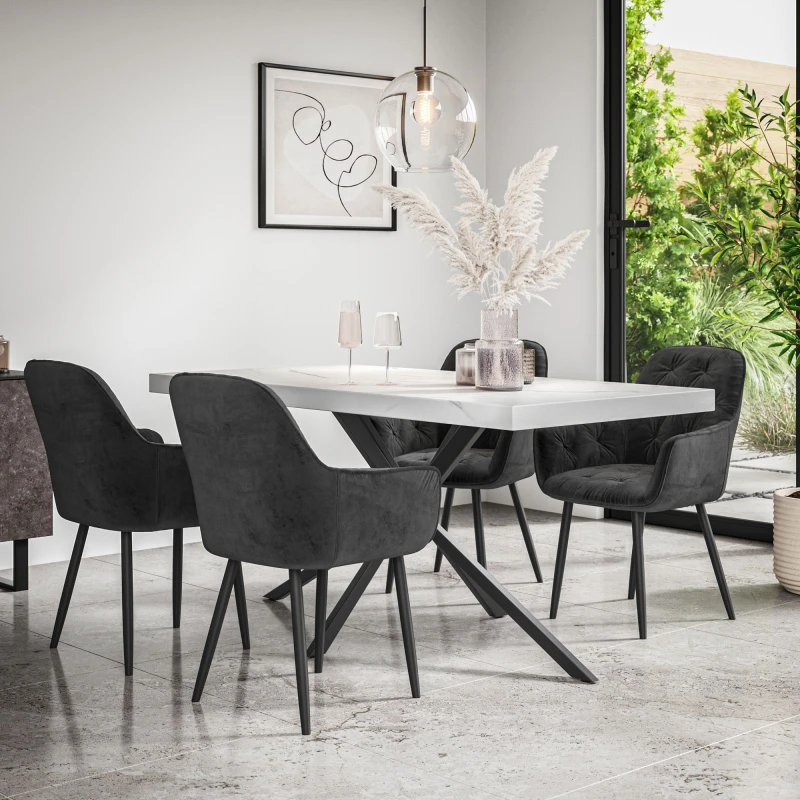 Image of More4Homes Donni Dining Table And Chairs - White Marble Effect Table Top W Black Legs + Anika Velvet Dining Chair Set Of 4 (Black)