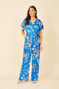 Image of Blue Satin Floral Wrap Jumpsuit With Kimono Sleeve